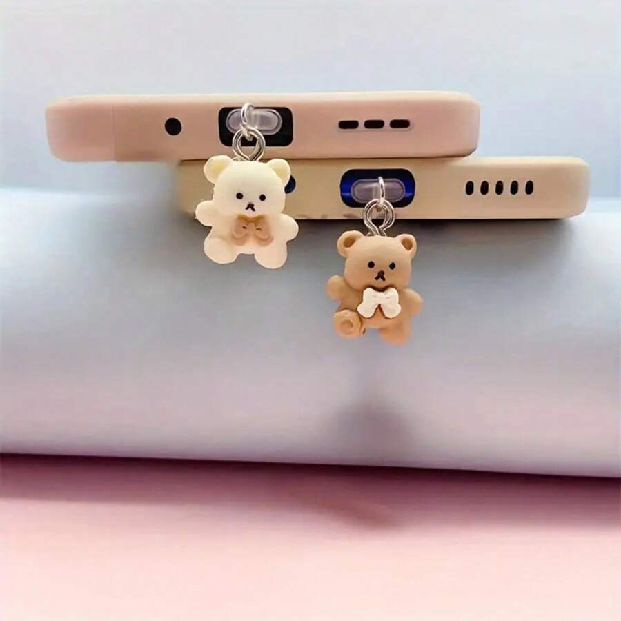 2pcs Resin Carton Rice White Coffee Bear Dust Plug For Charging Port, Compatible With Apple/Type-C Ports, Phone Dust Plug Suits For All Phones - Multicolor - View 1