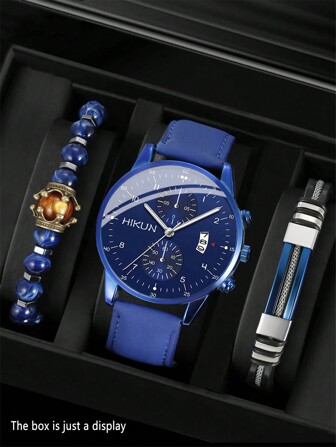 HIKUN 1pc Men Business Style Quartz Watch With 2pcs Bracelet