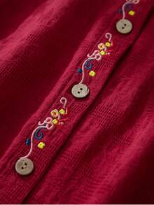 Chemise en lin brodée pour femme avec col à revers et manches 3/4 - Rouge - Voir 5