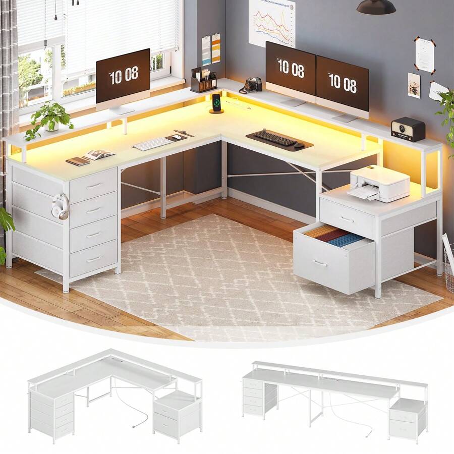 L Shaped Desk, Corner Computer Desk With Power Outlet And LED Lights ...