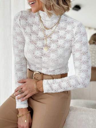 Floral Lace Hollow-Out High Neck Long Sleeve Top