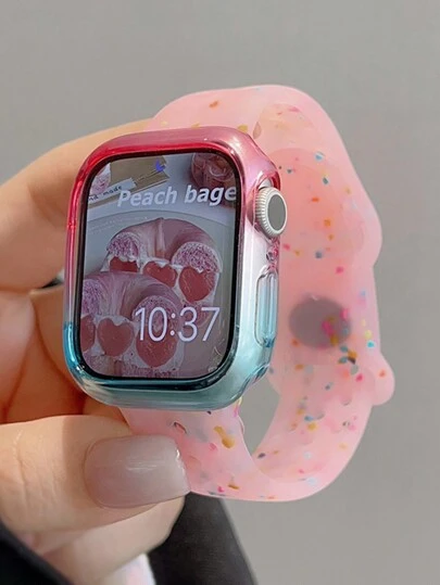 Apple Watch Band Women INS Cute Jelly Color Dot Hole Breathable Silicone Strap Compatible With Apple Watch 49 45 44MM 42 41 40 38MM Gradient Case Set Compatible With Apple Watch 9 8 7 6 5 SE Ultra2 Cases