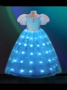 UPORPOR Light Up Girls Princess LED Dress Princess Dressing Up Clothes For Christmas Costume Halloween With Blue Cape (Battery Not Included) - 藍色 - 查看 5