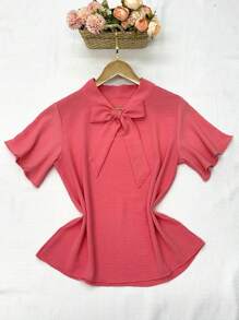 olinka modas Women's Fashion Short-Sleeved Front Tie-Front Blouse - Màu Hồng  Dưa hấu - Xem 1