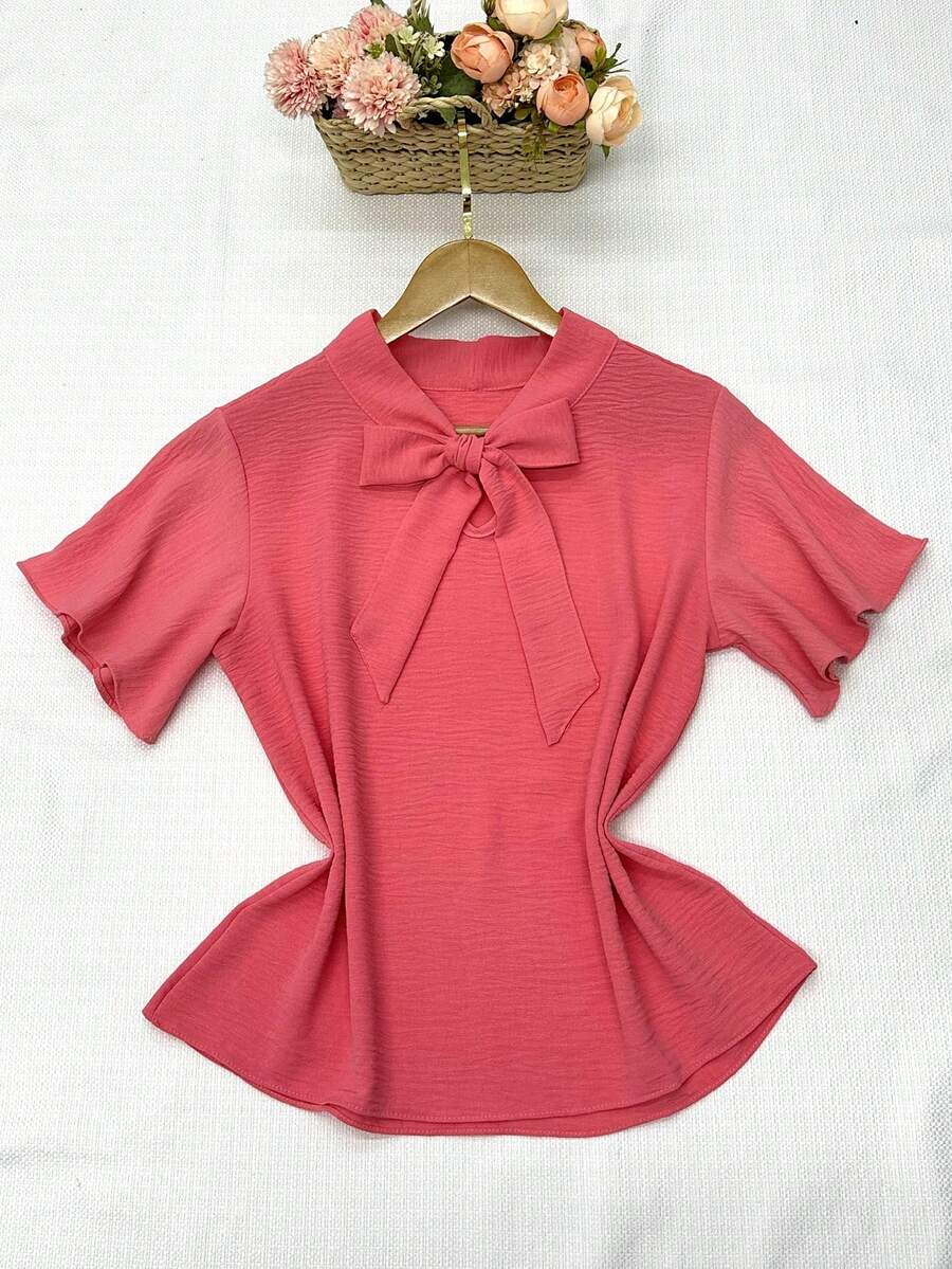 olinka modas Women's Fashion Short-Sleeved Front Tie-Front Blouse - Màu Hồng  Dưa hấu - Xem 1