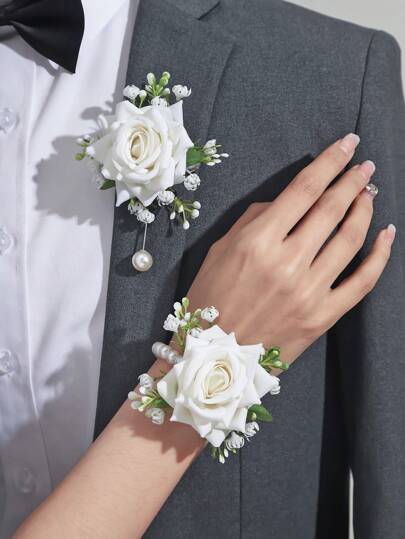 2pcs Beautiful Roses With White Baby's Breath Forest High-End Brooch And Wrist Flower Combination Set Suitable For Bride And Groom Wedding Decoration, Dinner Dance, Party Activities Valentine's Day Valentines