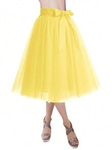 1pc Women Solid Color Long Midi-Length 65cm Knee-Length A-Line Layered Tulle Skirt, Versatile For Party, Dance, Everyday Fall Clothes For Women