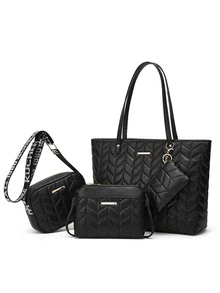 4pcs Set Large Capacity Tote Bag, Vintage Embroidery Shoulder Crossbody Handbag With Coin Purse - Black - View 5