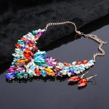 1set Fashionable Charming Gold-Plated Purple Crystal Rhinestone Water Drop Necklace & Earrings Jewelry Set, Suitable For Women Wedding, Ball, Party, Birthday, Holiday Gift