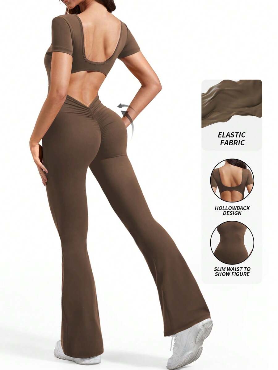 Flare Jumpsuits For Women Short Sleeve One Piece Yoga Jumpsuit Strappy Square Neck Backless Bodycon Full Length Playsuit Shapewear Jumpsuit