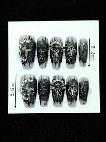 10 件手工制作深色哥特风格可重复使用指甲环圆形水钻包括工具包 - 黑色 - 查看 6