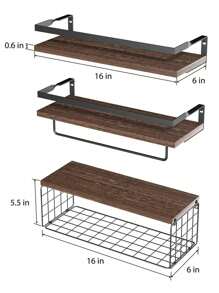 Juego de 3 estantes flotantes con cesta de almacenamiento, estantes de almacenamiento para papel higiénico, estante para colgar toallas y utensilios de cocina para baño, recámara, sala de estar y cocina - Marrón Chocolate - Ver 3