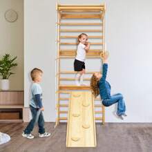 VA-Cerulean Muro de escalada de madera, 215 x 82 x 6 cm, columpio con barra, anillas de gimnasia, tobogán, escalera de cuerda, espaldera, muro de gimnasia para fitness en interiores, equipamiento deportivo en casa de hasta 100 kg