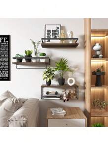 Juego de 3 estantes flotantes con cesta de almacenamiento, estantes de almacenamiento para papel higiénico, estante para colgar toallas y utensilios de cocina para baño, recámara, sala de estar y cocina - Marrón Chocolate - Ver 2