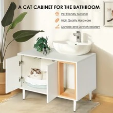 Bathroom Sink Cabinet With Cat Litter Box Enclosure, Hidden Litter Pet Washroom With Divider, Indoor Cat House For Large Cats, Wooden Cabinet Furniture, White - White - View 7