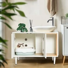 Bathroom Sink Cabinet With Cat Litter Box Enclosure, Hidden Litter Pet Washroom With Divider, Indoor Cat House For Large Cats, Wooden Cabinet Furniture, White - White - View 6