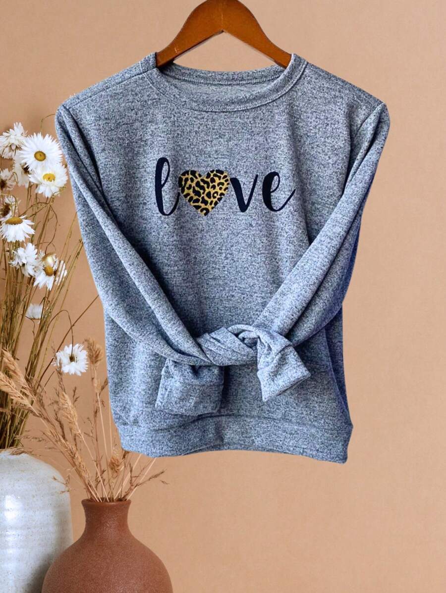 Fleece Blouse With Cuffs And Hem And "Love" Print, Warm Winter - 灰色 - 查看 1