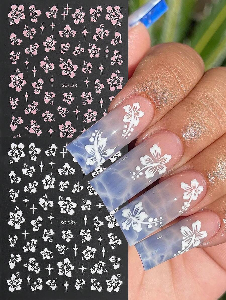 2Pcs Hibiscus Flowers Nail Stickers Summer Decor Pink White Floral Flowers Stars Nail Decals 3D Tropical Petal Sliders Manicure Foils - Multicolor - View 1