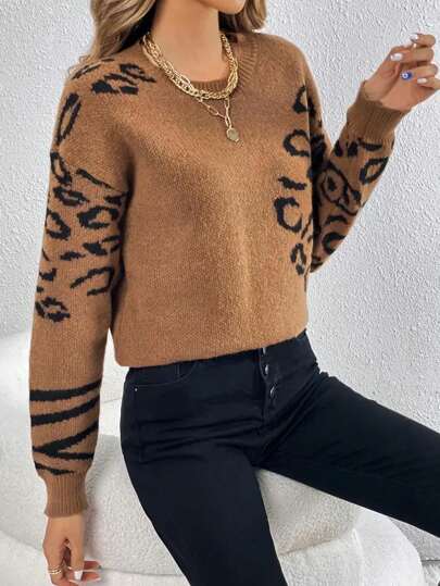 Suéter de mujer tejido jacquard con estampado de leopardo, cuello redondo, manga larga, estilo túnica talla grande largo