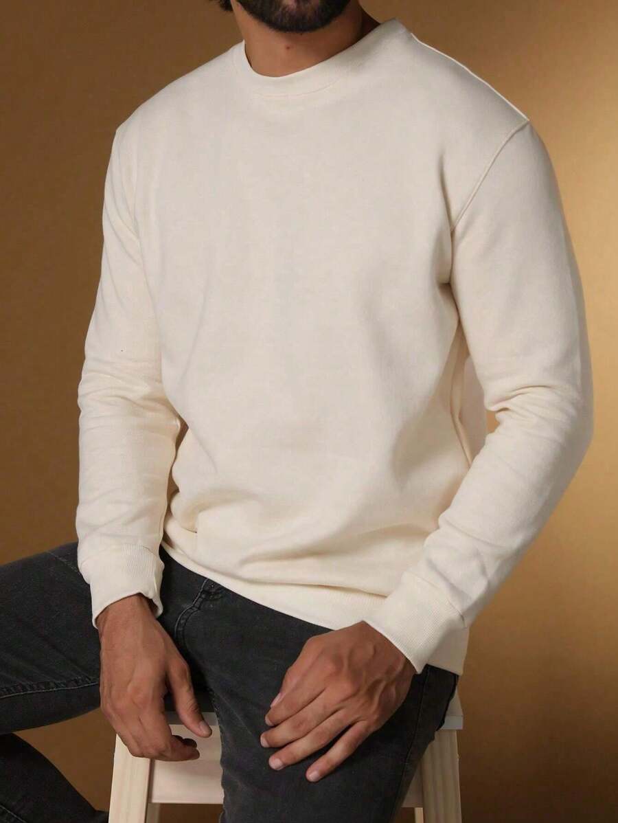 Cold Weather Blouse Men's Sweatshirt Without Hood Crew Neck Plain Flannel - 米色 - 查看 1