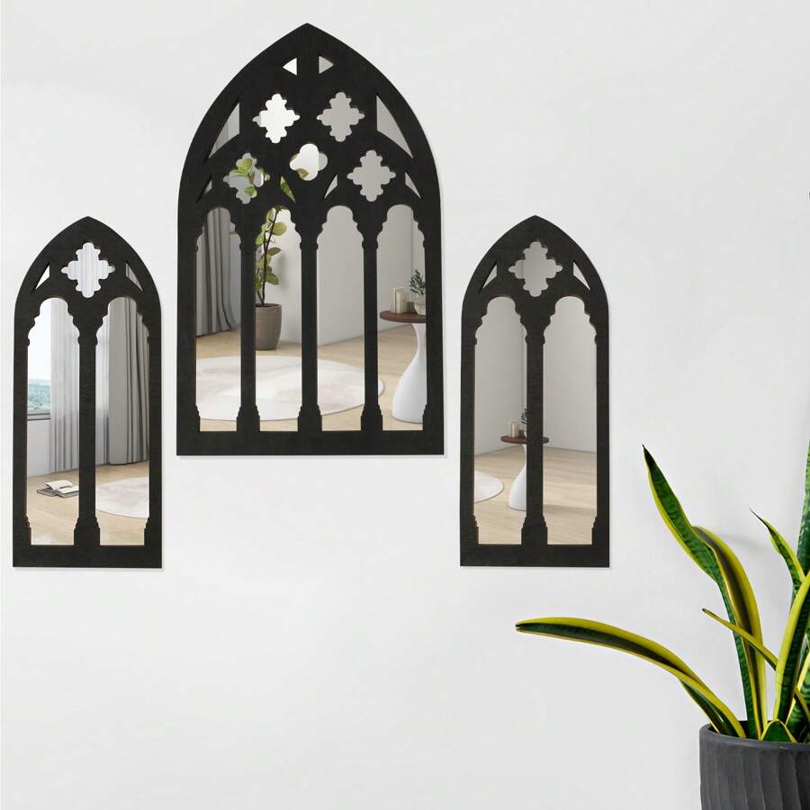 3 件拱形窗墙镜套装哥特式墙镜装饰大教堂拱形镜装饰自粘拱形墙镜适用于客厅卧室浴室梳妆台入口 18.4x30cm 9.2x21.8cm 镜子墙面装饰房间装饰镜子适用于房间家居装饰浴室装饰客厅装饰