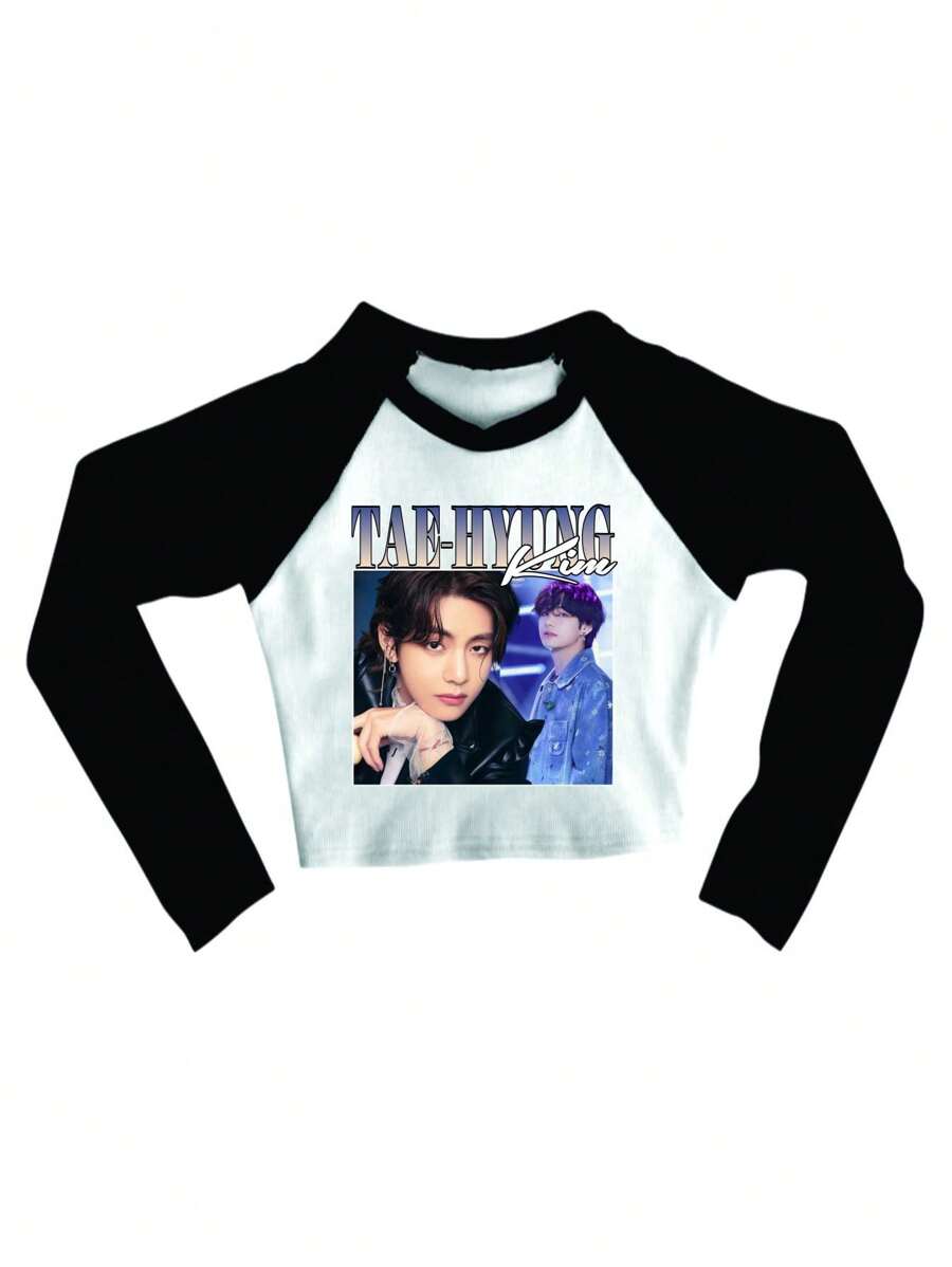 Cropped Raglan Winter Feminino Tumblr Blogger Kim Taehyung Bootleg Feminine Long Sleeve - Đen và trắng - Xem 1
