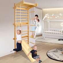 VA-Cerulean Muro de escalada de madera, 215 x 82 x 6 cm, columpio con barra, anillas de gimnasia, tobogán, escalera de cuerda, espaldera, muro de gimnasia para fitness en interiores, equipamiento deportivo en casa de hasta 100 kg