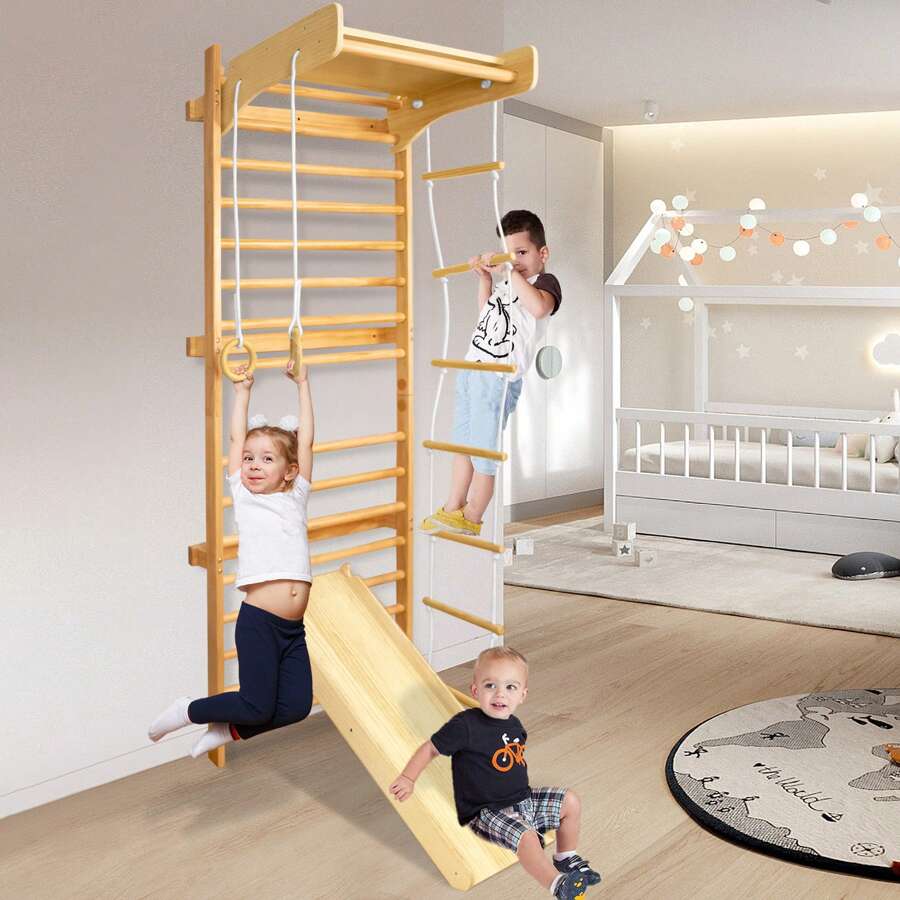 VA-Cerulean Muro de escalada de madera, 215 x 82 x 6 cm, columpio con barra, anillas de gimnasia, tobogán, escalera de cuerda, espaldera, muro de gimnasia para fitness en interiores, equipamiento deportivo en casa de hasta 100 kg