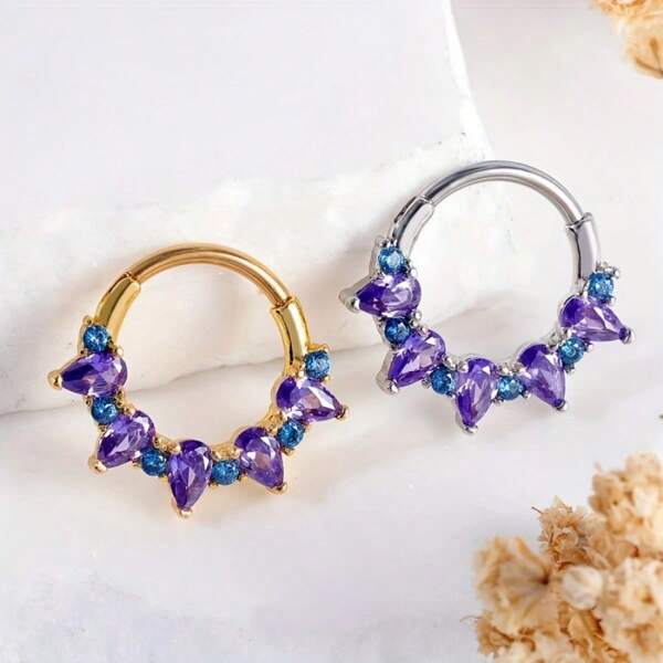 SENLANSP 1pc Amethyst Cubic Zirconia Stainless Steel Nose Ring