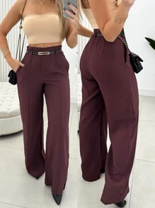 Women's Tailored Trousers With Belt Fashion 2024 - Burgundy - View 2