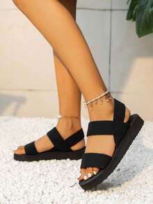 Women's Simple Versatile Fashion Elastic Band Wedge Flat Sandals, Black Round Toe Lightweight Casual Beach Party Indoor Plastic Soft Bottom Slippers, Summer - Black - View 3