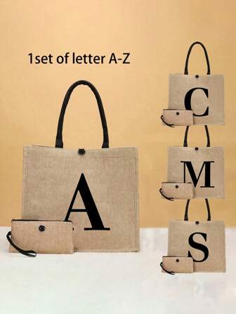 两件套简约首字母印花亚麻手提袋，旅行必备，化妆包，大容量旅行化妆包，多功能便携手提袋，教师节礼物，生日、节日、返校、度假、海滩、旅行、通勤、商务、学生、野餐、露营、超市、日常使用皆宜的亚麻袋，圣诞节最佳教师礼物，海滩度假、购物和度假必备，最佳教师节礼物，教师节礼物