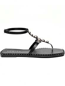 Comfortable Women's Flat Sandal Straps Studs Stone Beads Square Toe Metallic Fashion Blogger Lumiss - 黑色 - 查看 3