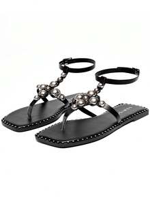 Comfortable Women's Flat Sandal Straps Studs Stone Beads Square Toe Metallic Fashion Blogger Lumiss - 黑色 - 查看 7