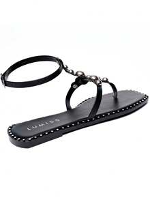 Comfortable Women's Flat Sandal Straps Studs Stone Beads Square Toe Metallic Fashion Blogger Lumiss - 黑色 - 查看 4