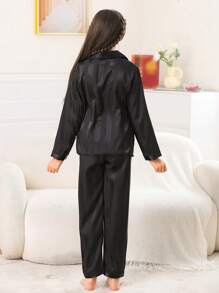 女童缎面睡衣套装长裤丝绸纽扣式长袖字母刺绣开衫上衣适合8-13岁儿童春秋两件套家居服