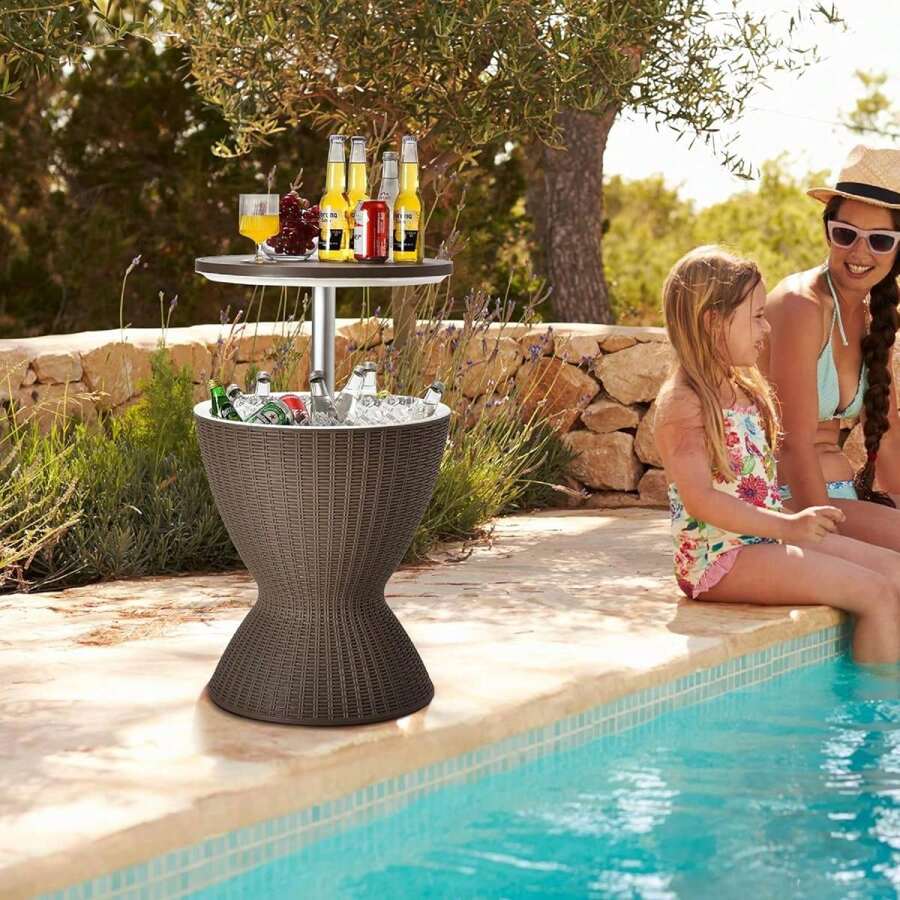 Cool Bar, 4 In 1 Cocktail Table Side Table Height Adjustable With 30L Ice Bucket, Drinks Cooler With Lid In Rattan Look For Beer Champagne Wine, For Garden Terrace Pool Parties