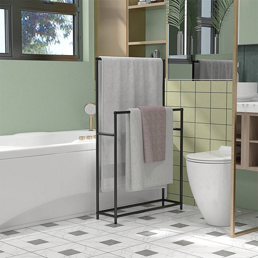 HOMCOM Porte Serviettes sur Pied 2 Niveaux en métal sèche Serviette avec 2 Barres support pour Serviette pour la Salle de Bain, dim. 66l x 20P x 110H cm, Noir - Noir - Voir 1
