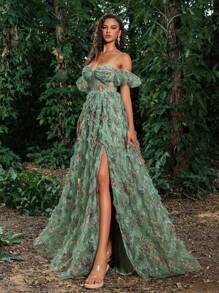 Faeriesty Luxe Back Lace Up Floral Mesh Cake Dress - Green - View 8