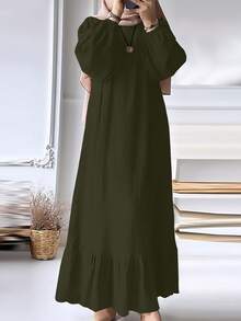 Women's Solid Color Muslim Fashion Puff Sleeve Ruffled Hem Dress - Army Green - View 2