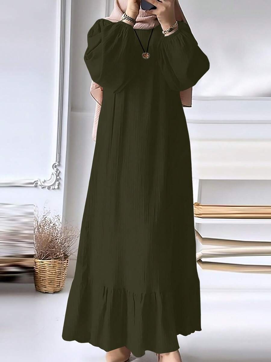 Women's Solid Color Muslim Fashion Puff Sleeve Ruffled Hem Dress