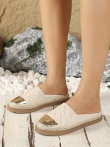 Women's Simple Fashion Versatile Apricot Handwoven Mesh Slip-On Flat Fisherman Shoes With Black Trim