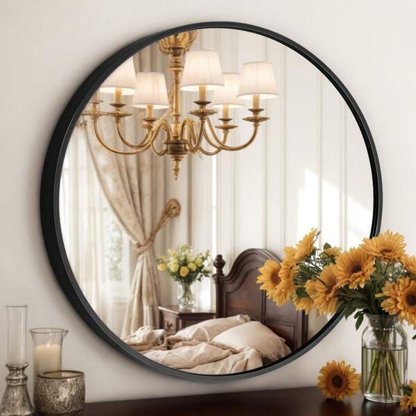 40 cm Schwarzer Runder Spiegel, Metallrahmen Wandmontage Kreisspiegel, Kleiner Schminkspiegel, für Badezimmer, Schlafzimmer, Frisiertisch, Eingangsbereich, Wohnzimmer