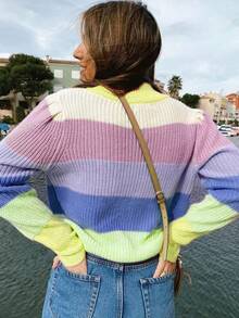 Cuello alto de las mujeres Bloque de color suéter de invierno caliente Top de moda - Amarillo - Ver 2