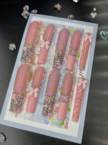 10pcs Extra Long Handemade Press On Nails For Party And Daily Wear, 3D Rhinwstones,Flowers,Bowknot,Kitty And Ballet Elements For Girls,Easy To Wear10pcs Y2K Extra Long Handmade Press On Nails,Shiny Atirficial Gems,Spring And Summer Style,Suitable For Girls And Women Festivals Parties And Daily Wear - Hồng - Xem 1