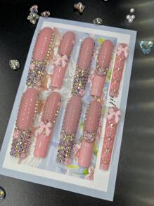 10pcs Extra Long Handemade Press On Nails For Party And Daily Wear, 3D Rhinwstones,Flowers,Bowknot,Kitty And Ballet Elements For Girls,Easy To Wear10pcs Y2K Extra Long Handmade Press On Nails,Shiny Atirficial Gems,Spring And Summer Style,Suitable For Girls And Women Festivals Parties And Daily Wear - Hồng - Xem 2