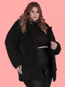 Women's PLUS SIZE Long Teddy Coat With Hood And Plush Pockets Inside And Out - Black - View 6