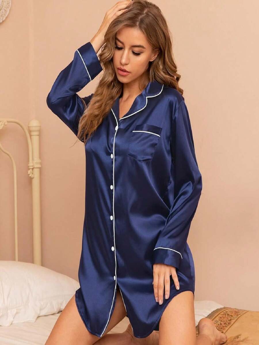 Chamise Women's Nightdress In American Premium Satin With Pocket And Button - 藏蓝色 - 查看 1
