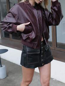 Stylish Autumn Zip Up Pu Leather Bomber Jacket Wine Red - Burgundy - View 3