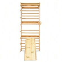 VA-Cerulean Muro de escalada de madera, 215 x 82 x 6 cm, columpio con barra, anillas de gimnasia, tobogán, escalera de cuerda, espaldera, muro de gimnasia para fitness en interiores, equipamiento deportivo en casa de hasta 100 kg